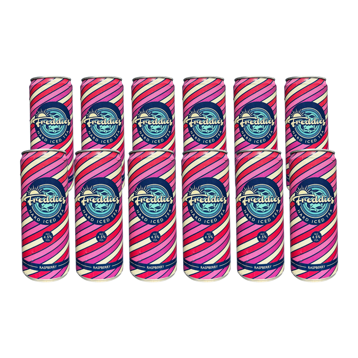 12 cans of Freddie's Raspberry Hard Iced Tea