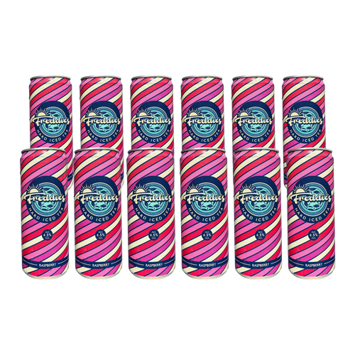 12 cans of Freddie's Raspberry Hard Iced Tea